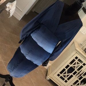 JOVANI back zip dress, shades of blue with burnt gold embellish sleeve e…